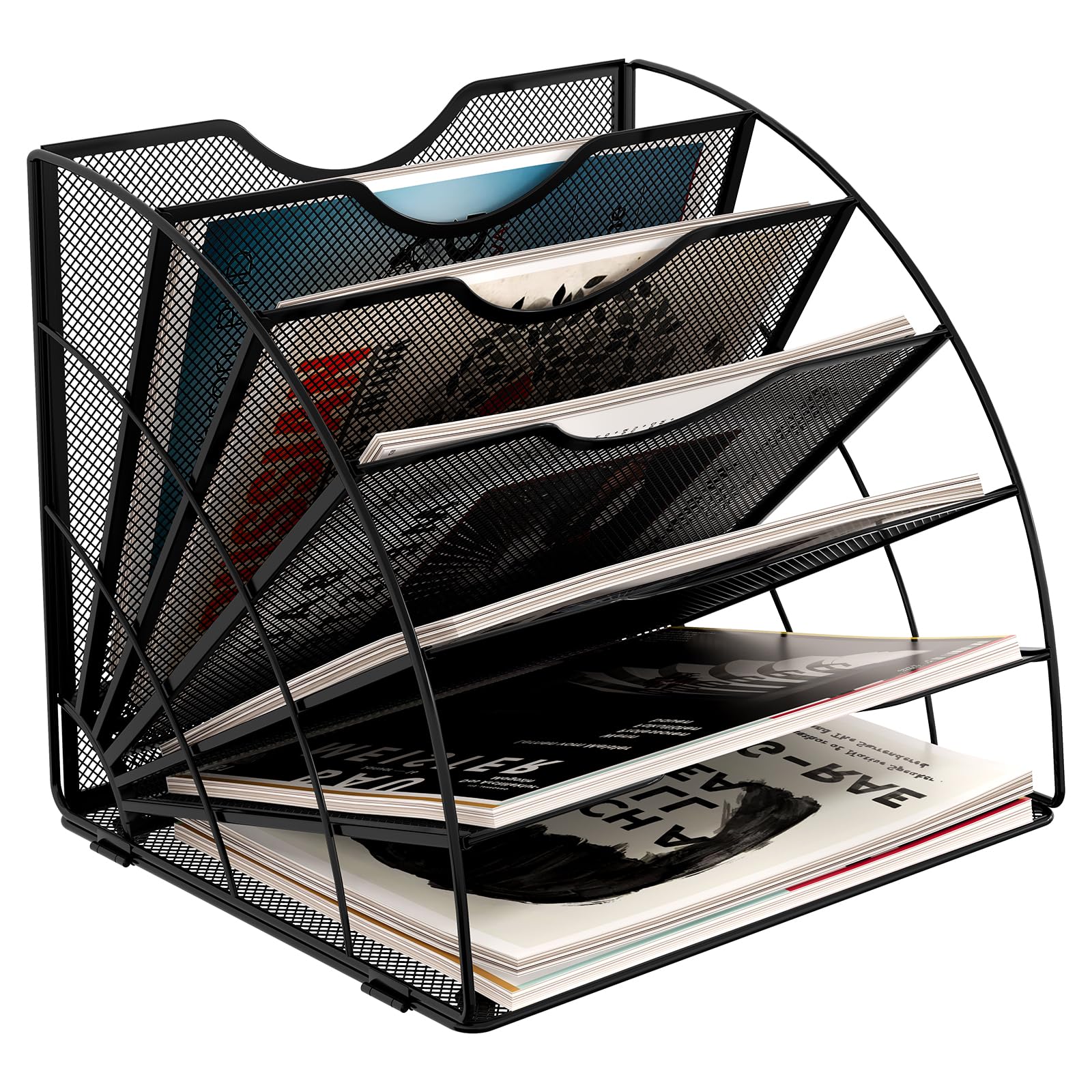 EasyPAG Fan-Shaped 6 Compartment Desktop Mesh in Tray Office Desk Tidy A4 File Holder Mail Sorter Paper Organiser Magazine Storage Shelf Filing Rack,Black