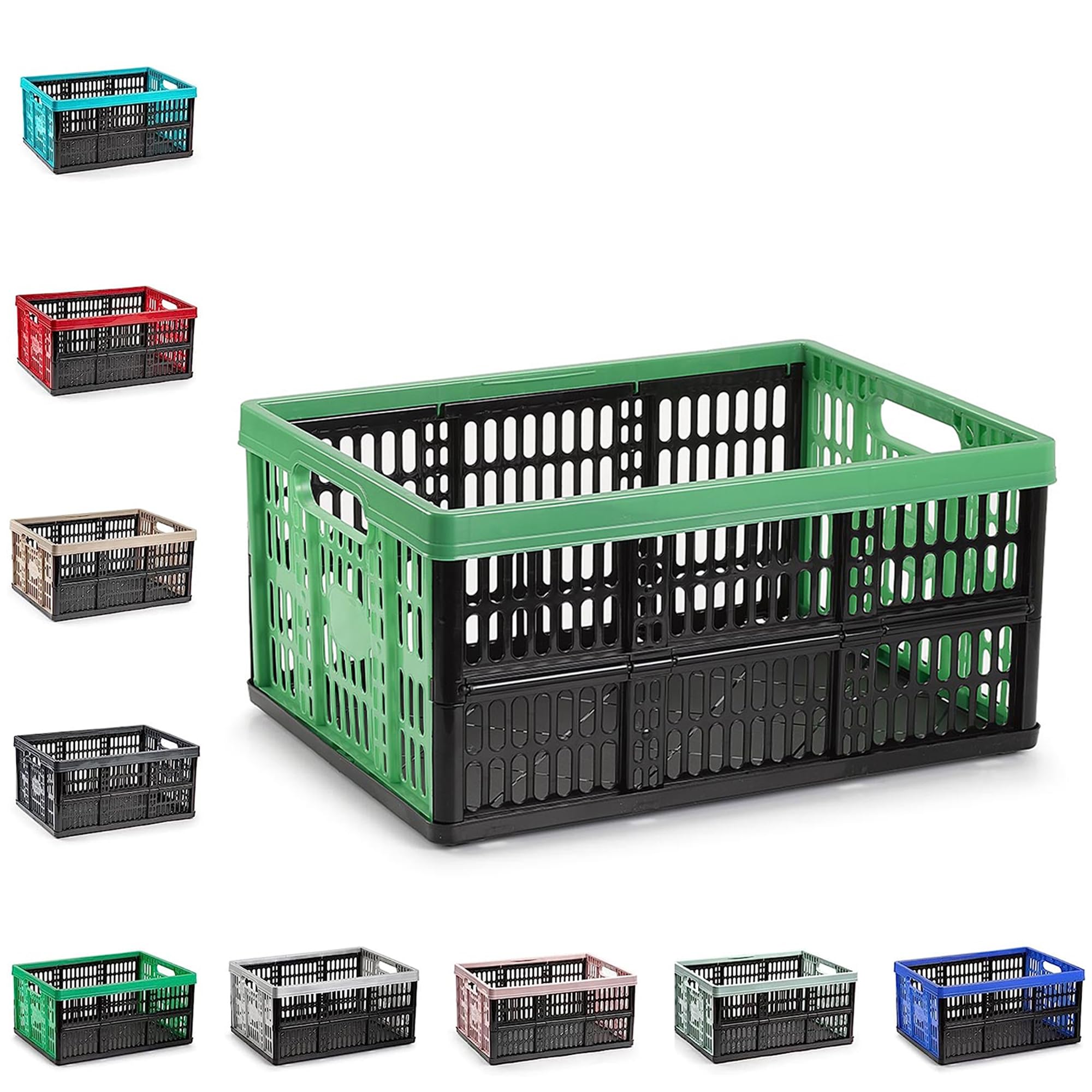 plastific Multi-Purpose Strong Folding Collapsible Plastic Storage Boxes Crates Portable Stackable Container Basket for Home Office Garage Tools, Soft-Touch Handles (Black & Green - 32L)