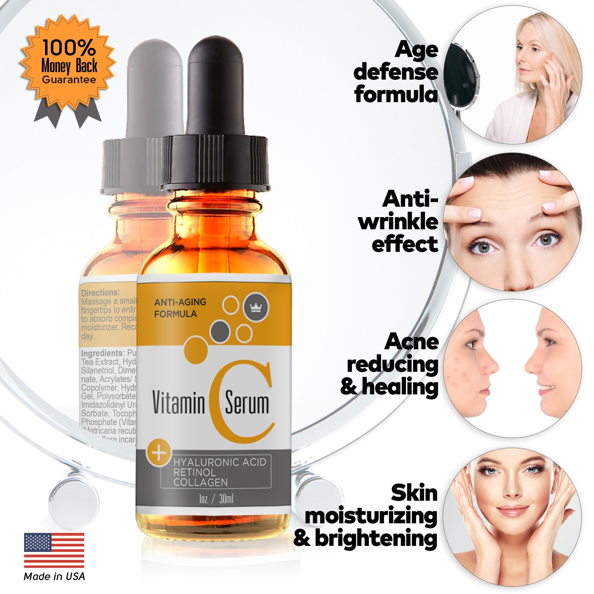 Vitamin C Serum for Face with Retinol & Pure Hyaluronic Acid - USA Made - Anti-Aging Collagen Facial Serum - Best Anti-Wrinkle Solution for Skin and Neck