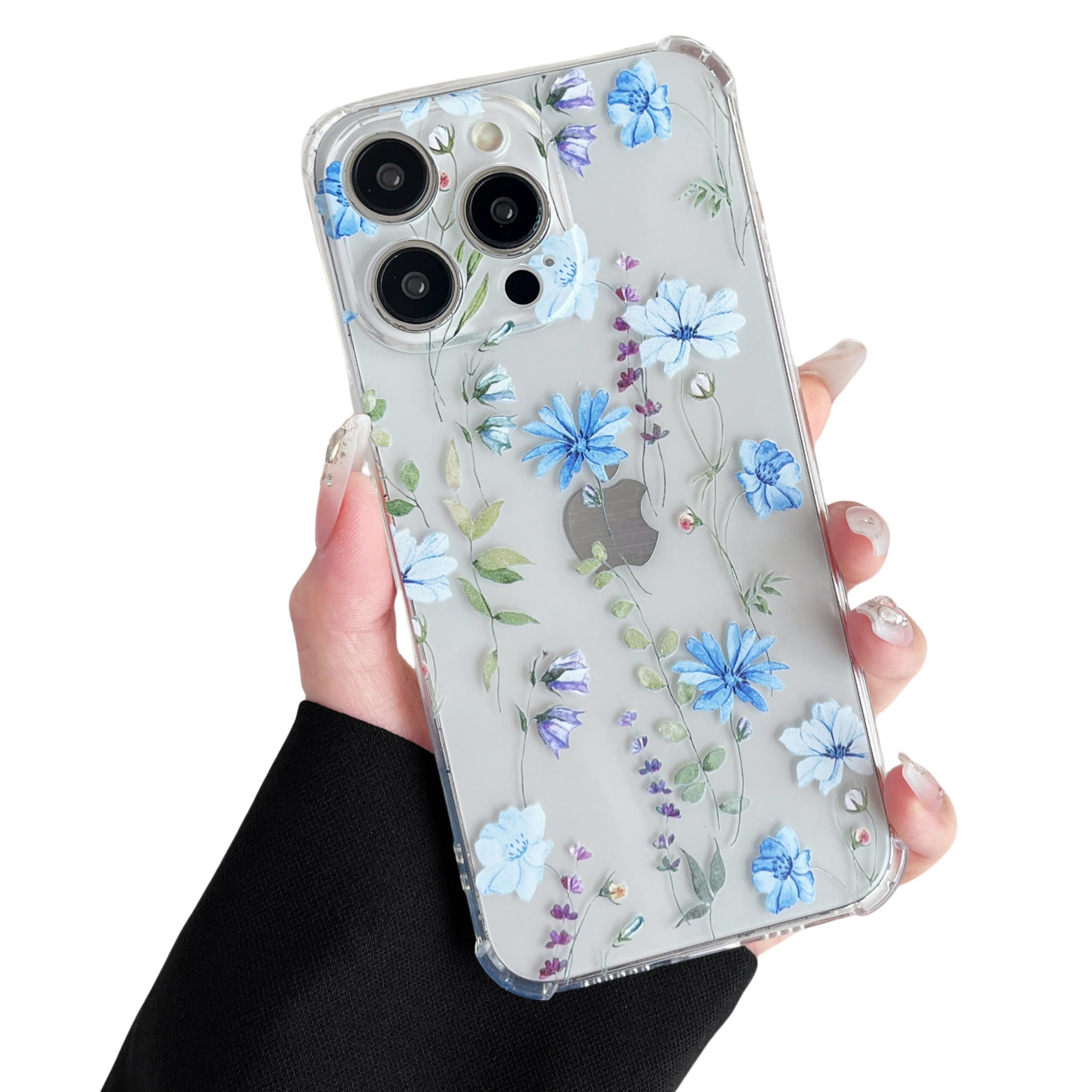 DEFBSC Compatible with iPhone 16 Pro Case, Clear Floral Flower Pattern Print Design for Girls Women Flexible Shockproof Soft TPU Bumper Protective Phone Case - Blue Cosmos