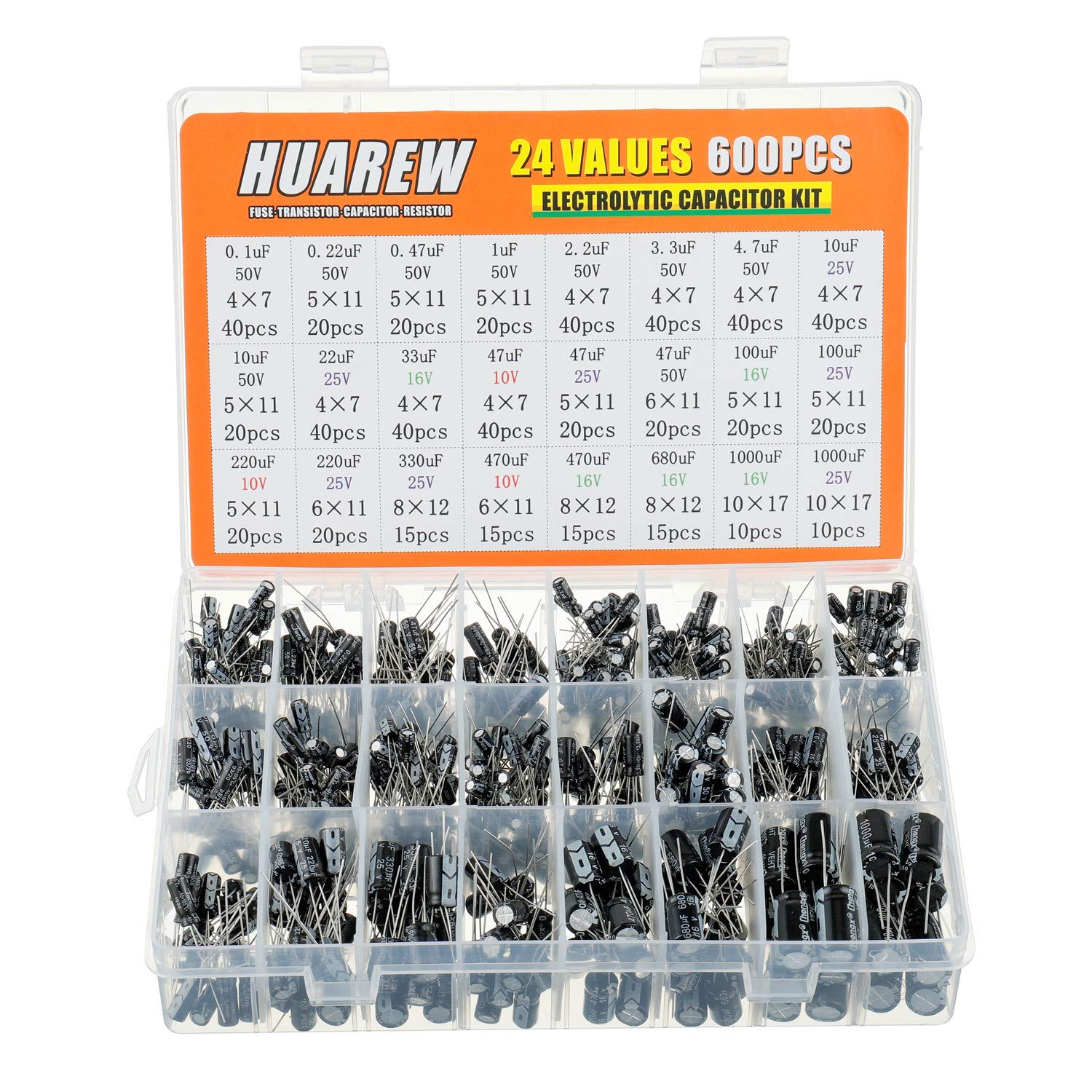 HUAREW Aluminum Electrolytic Capacitor Assortment Kit 0.1uF-1000uF MFD 10 16 25 50 V volt(24 Values 600 Pcs)
