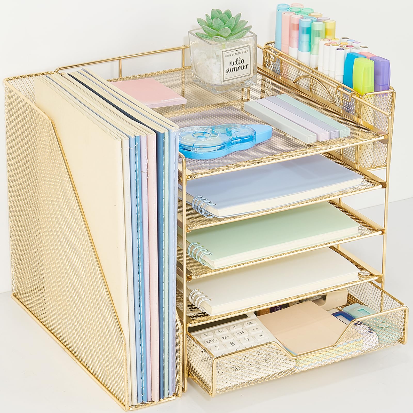 Gugsey Desk Organizer, 5-Tier Paper Letter Tray Organizer with File Holder, Drawer and Pen Holder, Desktop Organizer for Office Supplies, Gold Image