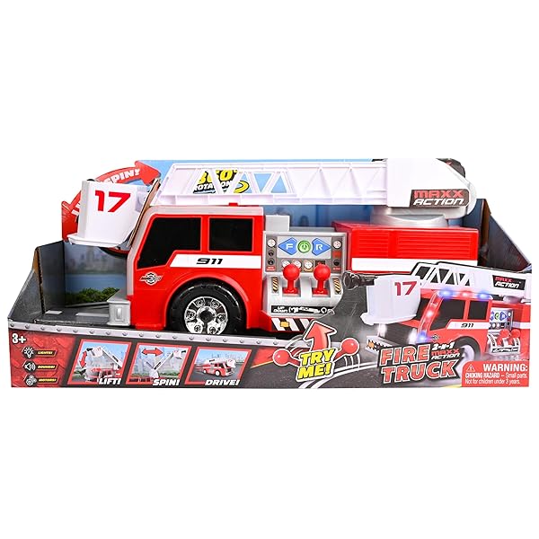MAXX ACTION 2-N-1 FIRETRUCK WITH JOYSTICK CONTROLS, LIGHTS, SIREN SOUNDS, MOTORIZED MOVEMENT, AND 360° SPINNING LADDER – 16-INCH RESCUE TOY VEHICLE FOR KIDS