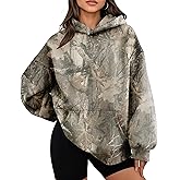 JEIBKOUY Womens Oversized Camo Hoodie Y2k Maple Leaf Print Fleece Hooded Pullover Sweatshirt Casual Long Sleeve Fall Outfits