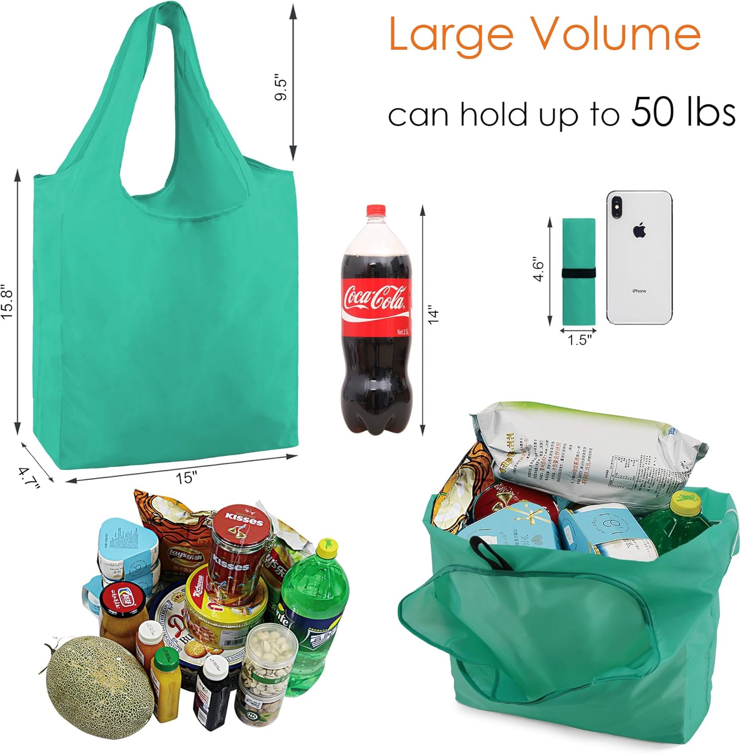 Reusable-Grocery-Bags-Foldable-Machine-Washable-Reusable-Shopping-Bags-Bulk Colorful 10 Pack 50LBS Extra Large Folding Reusable Bags Totes w Zipper Storage Bag Sturdy Lightweight Polyester Fabric - Image 3