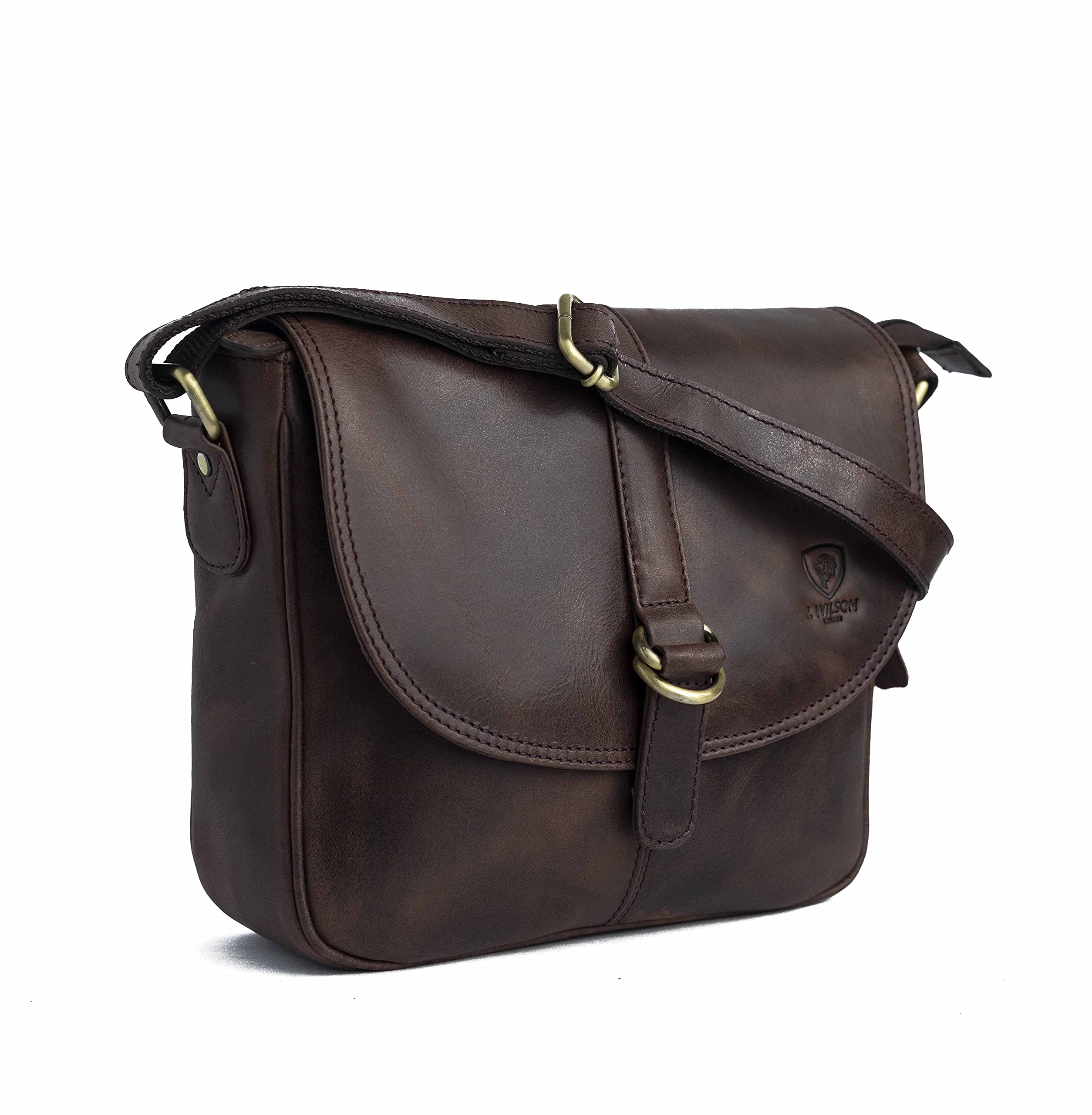 J. Wilson London - Designer 100% Pure Genuine Real Distressed Vintage Hunter Leather Handmade Unisex Crossover Shoulder Messenger Briefcase Bag (Distressed Crunch Brown), M