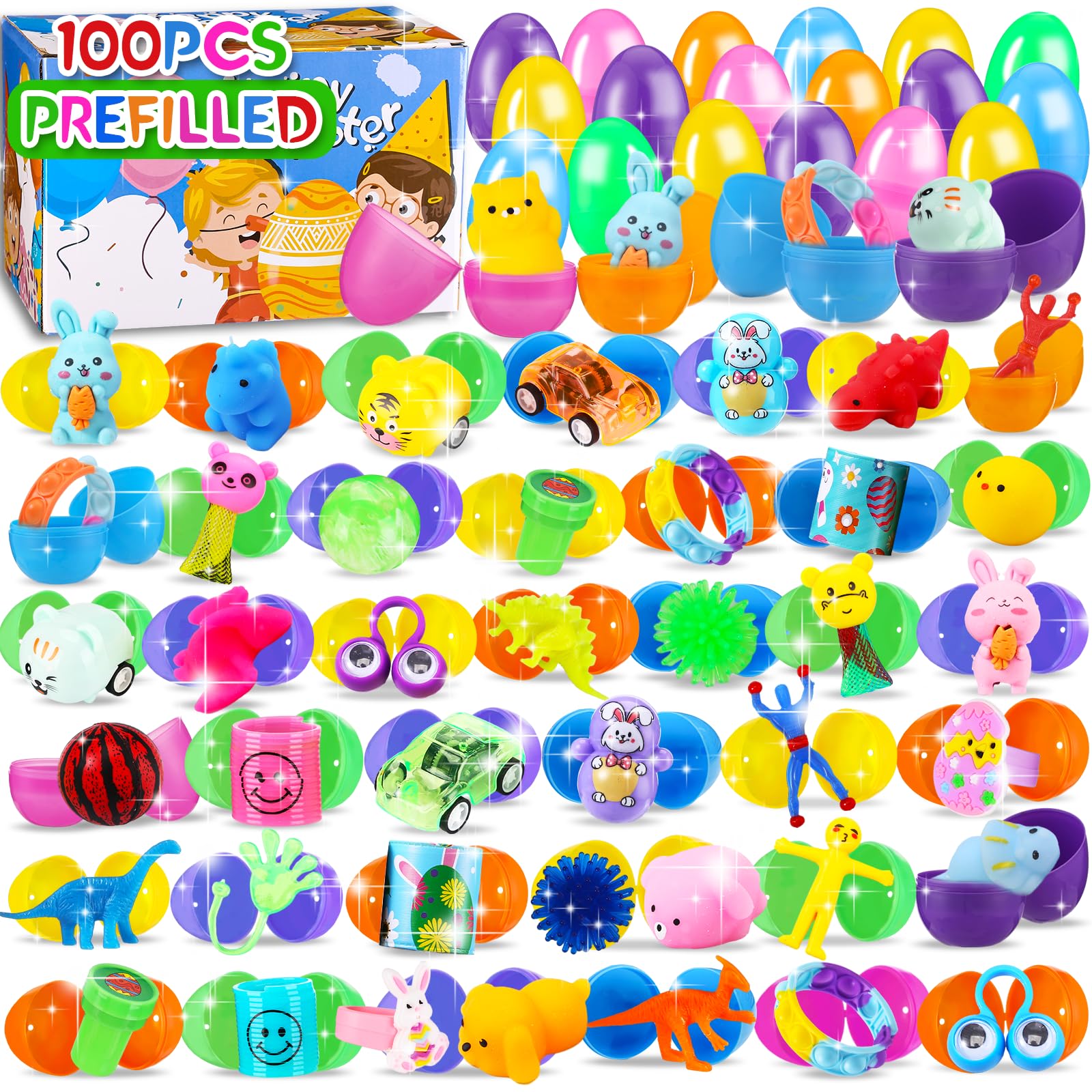 Photo 1 of 100 PCS Prefilled Easter Eggs with Toys Inside, Plastic Easter Eggs Filled with Toys Bulk for Easter Egg Hunting, Assortment Birthday Party Supplies Gifts Classroom Carnival Prizes for Boys Girls