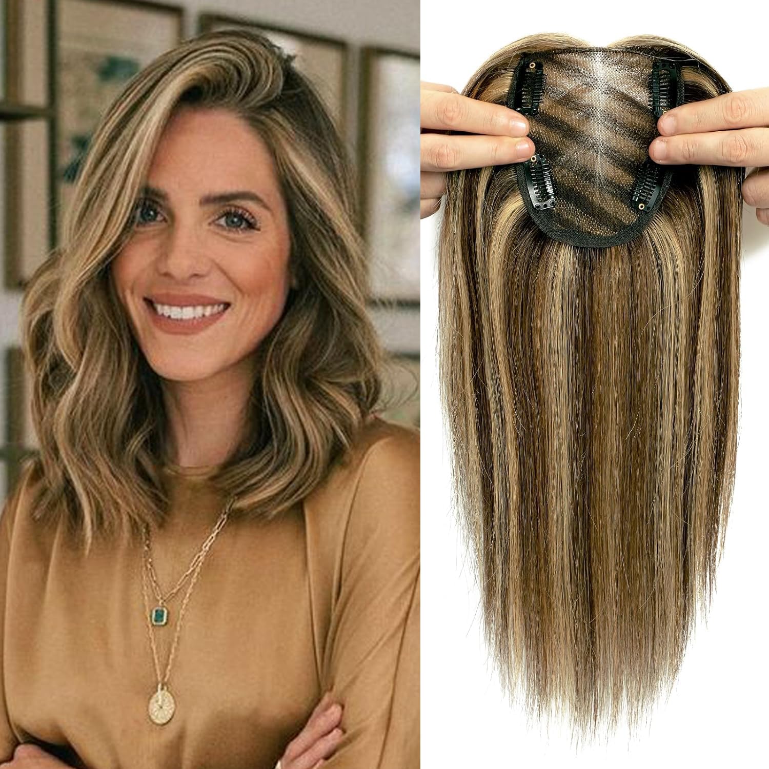 Hair Toppers for Thinning Hair Women Real Hair 100% Real Human Hair Topper 40g Swiss Base Hair Topper 12inch Hair Toppers Medium Brown with Warm Highlights