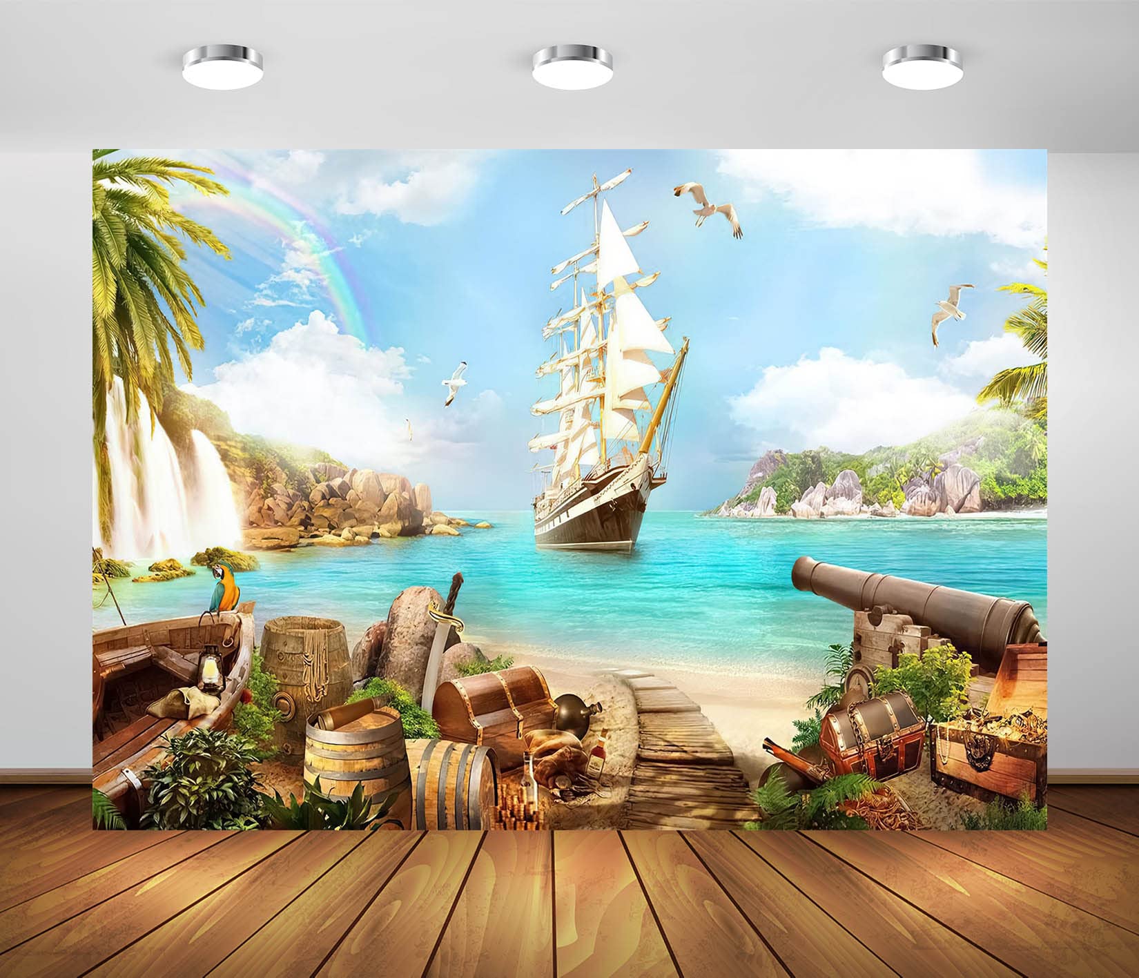 BELECO 2.1x1.5m Fabric Beach Island Pirate Theme Backdrop Pirate Ship Treasure Chests Barrels Parrot Ocean Sailing Boat Mountain Waterfalls Pirates Background Pirate Theme Party Decorations Photo
