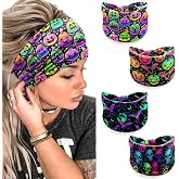 4 Pack Halloween Headbands for Women, Neon Spooky Skull Pumpkin Bat Punk Style Wide Stretchy Hair Bands, Breathable Stretchy Non-Slip Holiday Themed Hair Accessories for Party, Yoga, Makeup, Costume