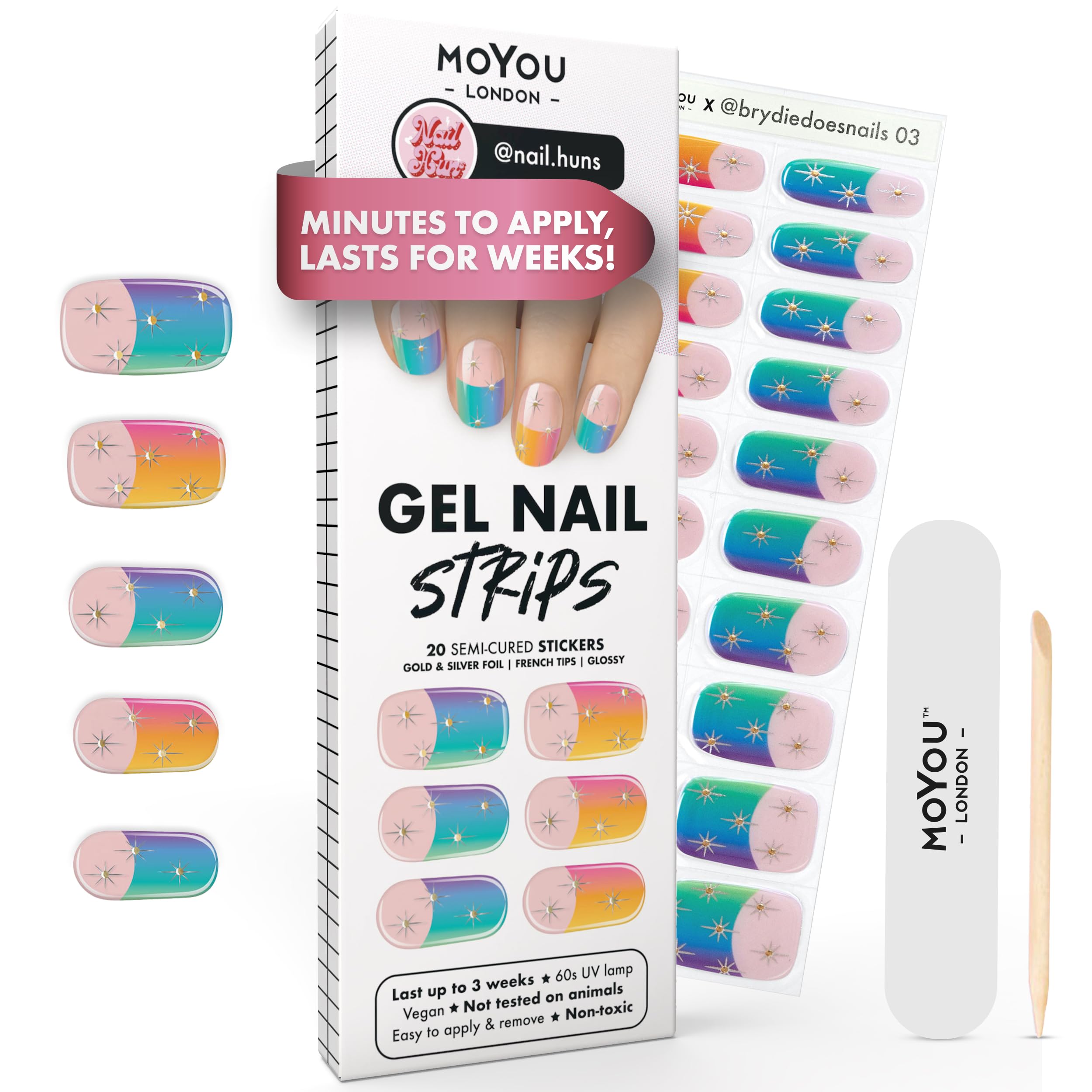 MOYOU LONDON Semi Cured Gel Nail Strips - 20 Pcs. Waterproof Gel Nail Wraps, Cures in Sunlight or UV/LED Lamp, Lasts Up to 2+ Weeks, Stretchable, Easy to Apply & Remove, Vegan & Cruelty-Free