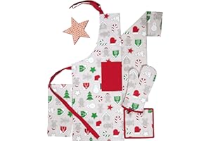 AMOUR INFINI 4 Piece Set of Apron,Kitchen Towel, Oven Mitt and Pot Holder in a Christmas Fun Design | Oeko-Tex 100% Cotton Washable & Reusable Kitchen Set |Thanksgiving Gift Set Eco-Friendly & Safe