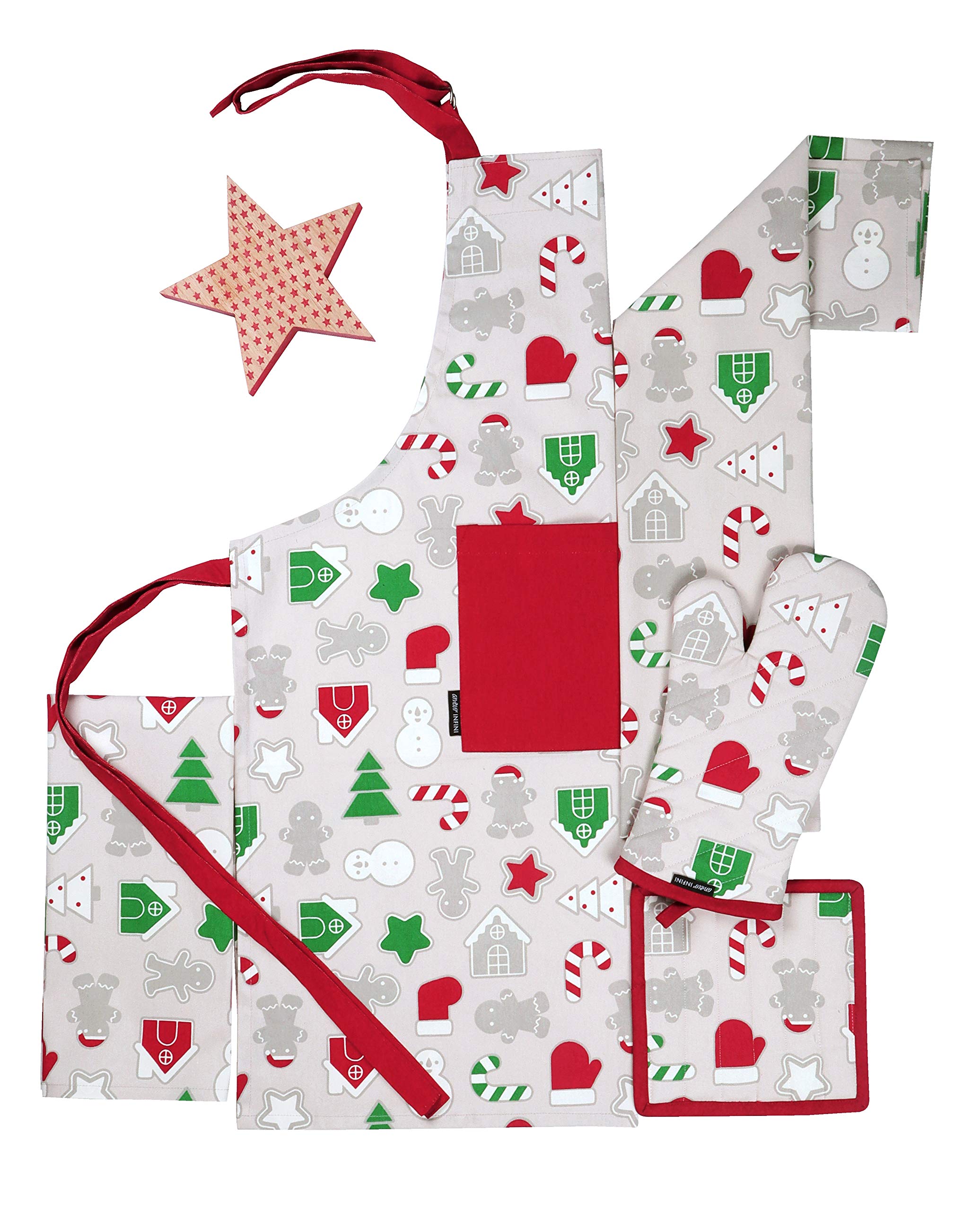 AMOUR INFINI 5 Pack Kitchen Set Christmas Fun| Set of Apron, Oven Mitt, Pot Holder and 2 Kitchen Towels | 100% Cotton Machine Washable | Perfect for Gifting, Baking and Everyday Kitchen Use