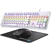 Typewriter Mechanical Gaming Keyboard and Mouse, 104-Key Full Size Retro Keyboards Metal Panel Punk Round Keycap Clicky Blue Switch with RGB Backlit Mouse and Pad Combo for PC Laptop Mac Gamer, White