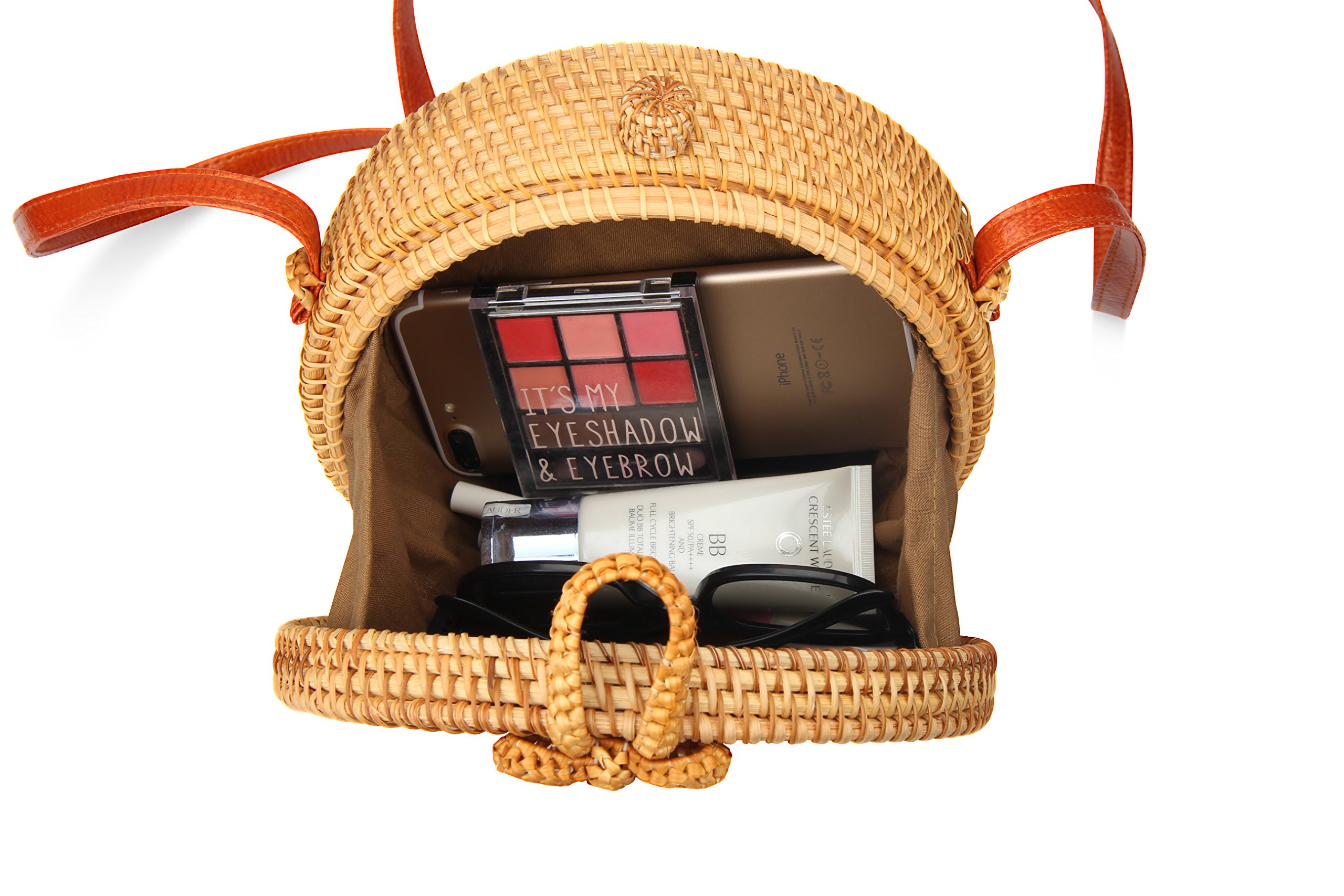 Partrisee Handmade Woven Rattan crossbody Bag Round Straw Tote Shoulder Leather Beach Gift Bag for Women-Star pattern