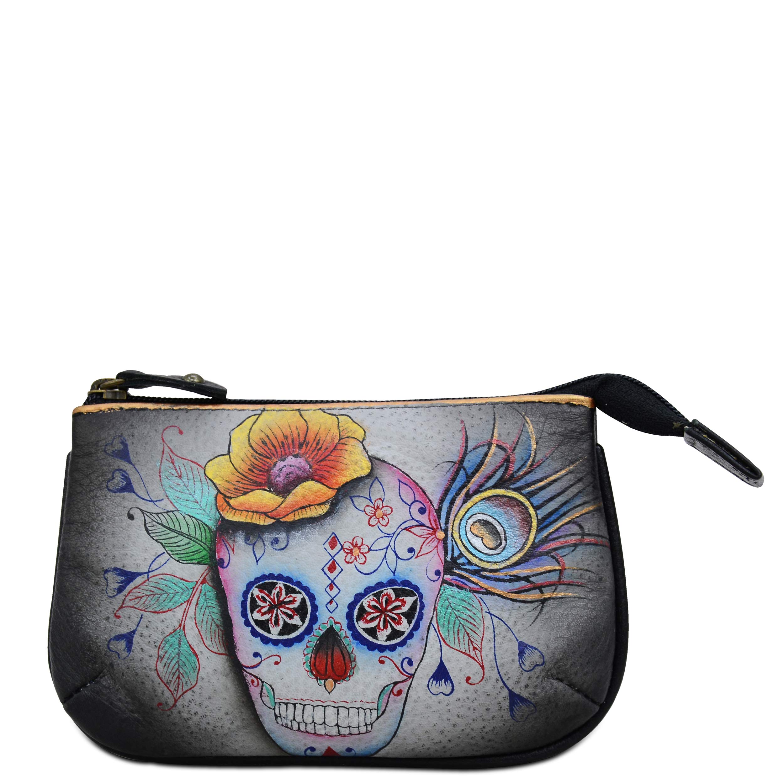 Anuschka Women's Original Hand-Painted Genuine Leather Medium Zip Pouch with Key Fobs - Calaveras de Azúcar