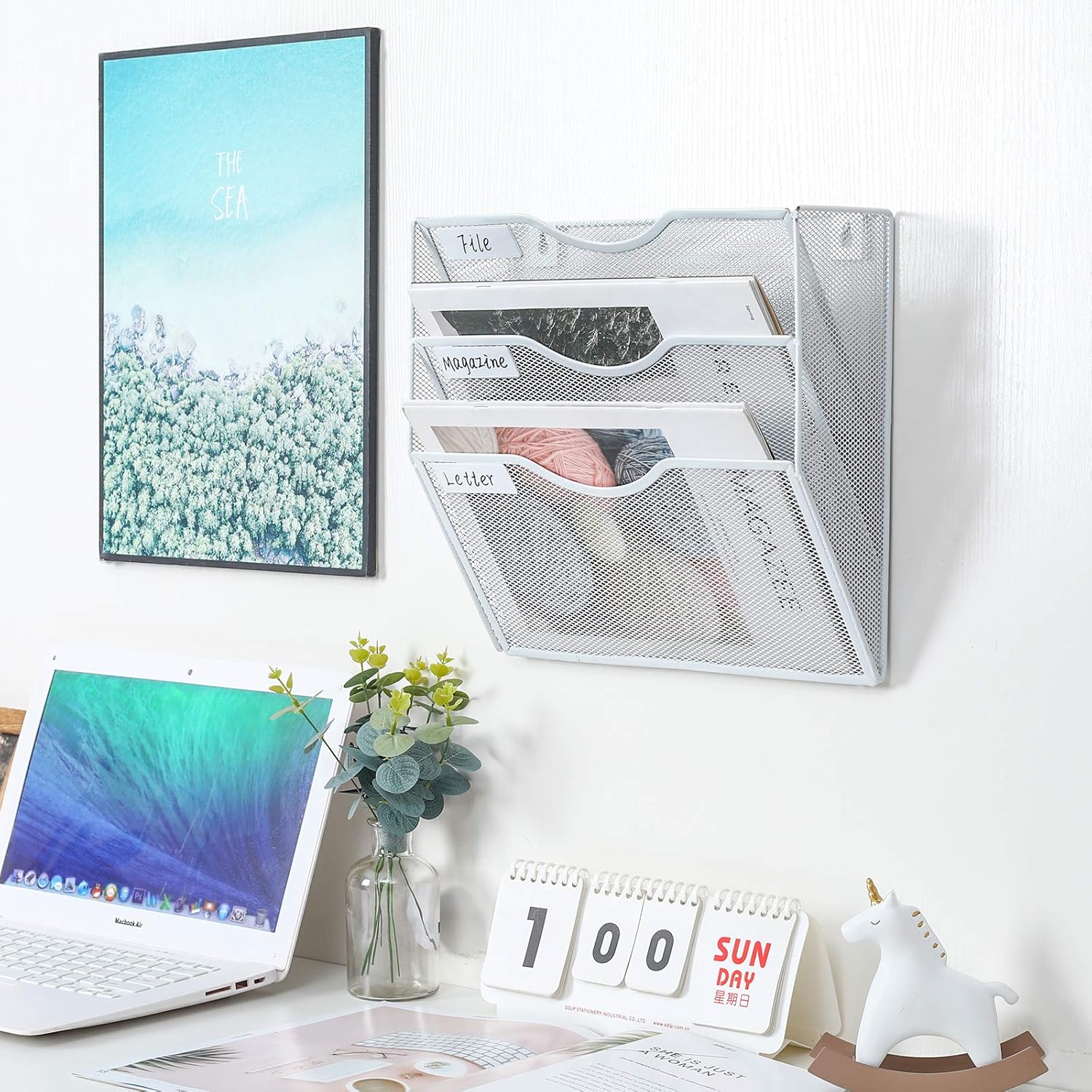 PAG Hanging Wall File Holder Mail Organizer Wall Mount Document Letter Rack, 3-Tier, White : Office Products