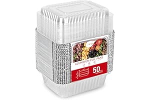 XIAFEI 1.5LB Aluminum Pans with Clear Lids (50PACK)，1.5 Lb Foil Pans - to Go Food Containers，Recyclable Aluminum Foil with Strong Seal for Freshness & Spill Resistance-6.105.316.5