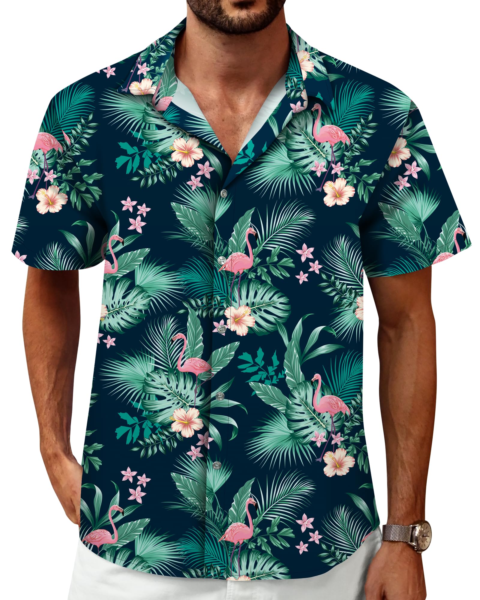 Photo 1 of Hawaiian Shirt for Men, Mens Button Down Short Sleeve Shirt Aloha Funny Cruise Tropical Floral Clothing for Summer Beach Vacation Holiady, Flamingo Green, 3X-Large