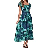Simplee Womens Floral Wedding Guest Dress Spring Summer 2026 Chiffon Boho Off Shoulder Smocked Tiered Flowy Maxi Dresses
