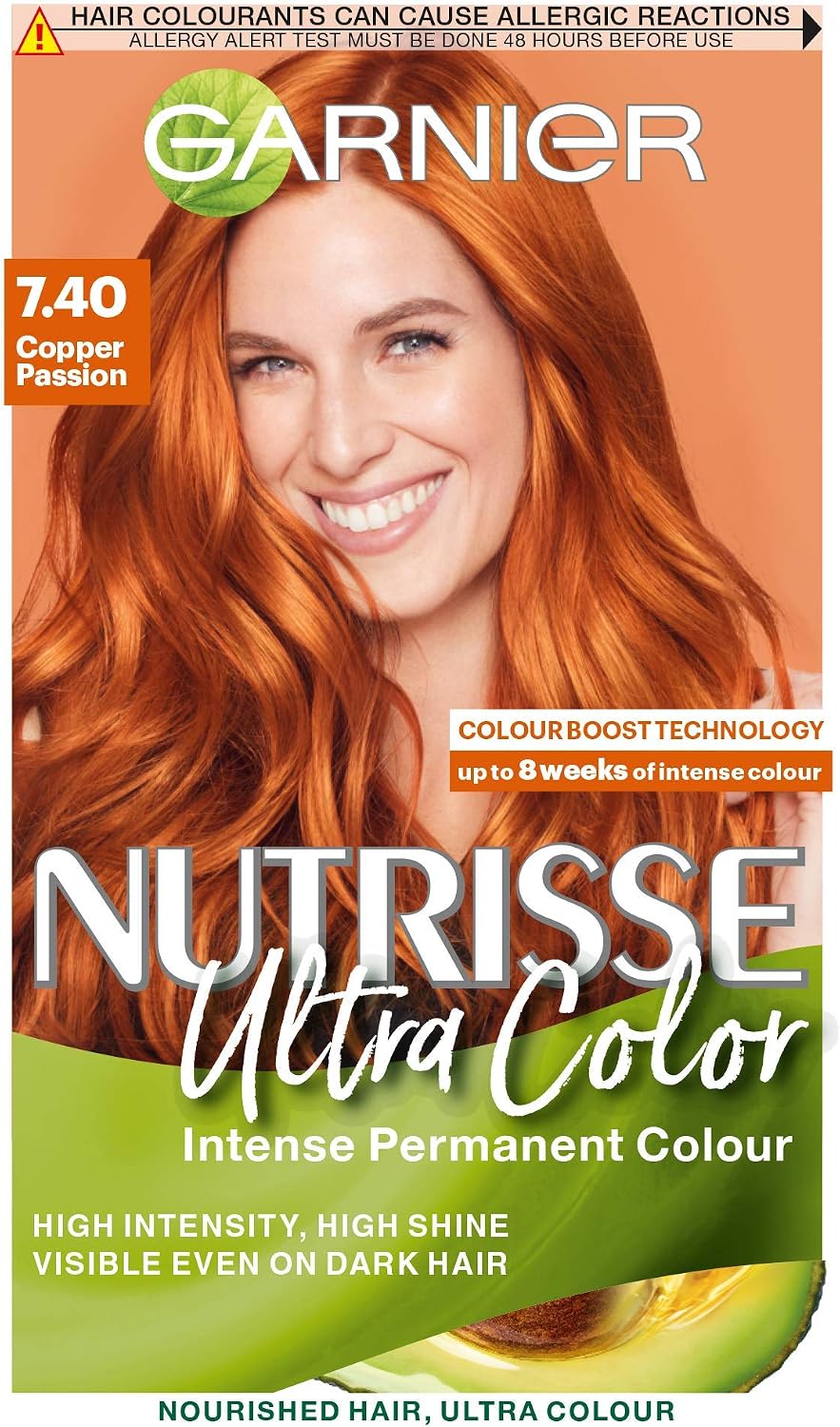 Garnier Nutrisse Ultra Color Hair Dye, Vegan, 7.40 Copper Passion. Delivers 100% grey coverage and a vibrant