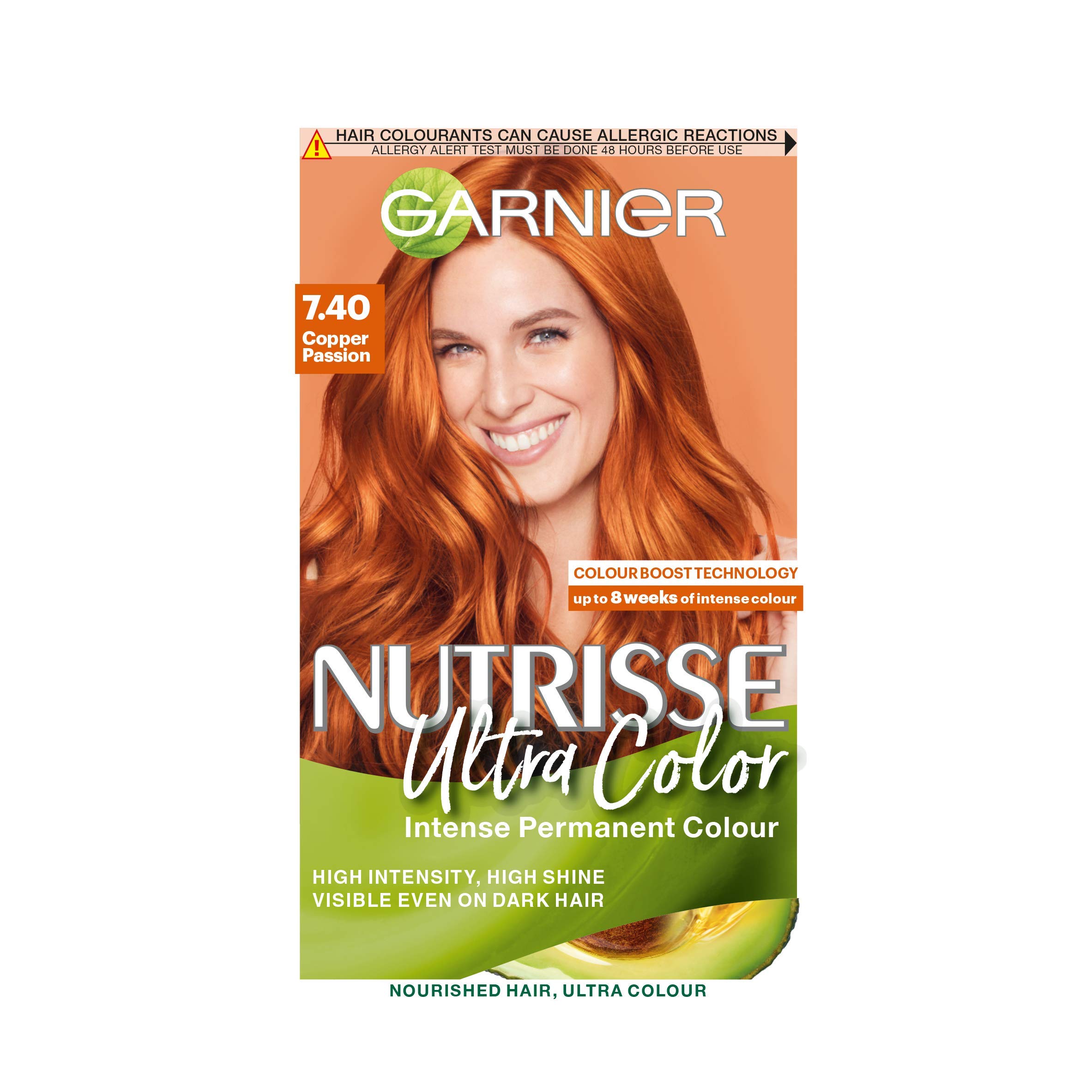 Garnier Nutrisse Ultra Color Hair Dye, Vegan, 7.40 Copper Passion. Delivers 100% grey coverage and a vibrant, fiery 8-week colour. This no-ammonia, vegan formula ignites your hair with copper passion. โ image 1