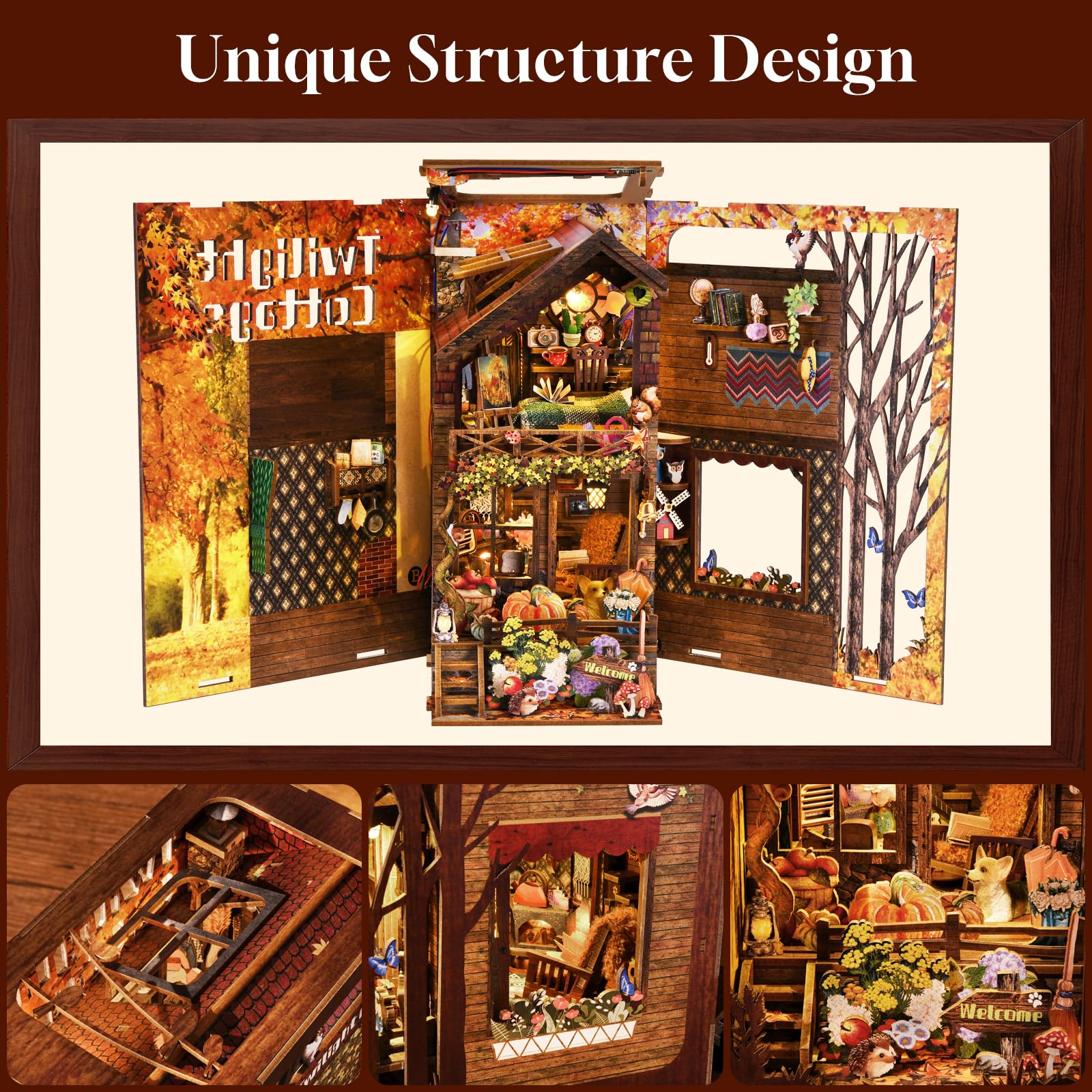 Book Nook Kit Book Nook Kits for Adults, DIY 3D Wooden Puzzle Bookend Booknook for Bookshelf Insert Decoration, DIY Dollhouse Miniature Model Unique Structure Design (Twilight Cottage)