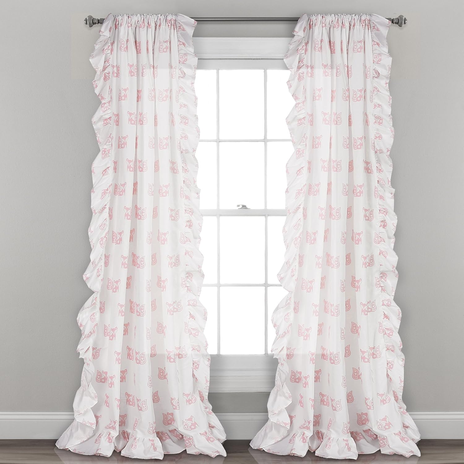 Lush Decor, Pink Ruffle Fox Window Panel Curtain Set for Living, Dining Room, Bedroom (Pair), 84” x 40, 84" x 40"