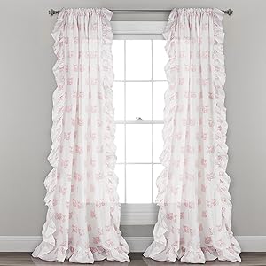 Lush Decor, Pink Ruffle Fox Window Panel Curtain Set for Living, Dining Room, Bedroom (Pair), 84” x 40, 84" x 40"
