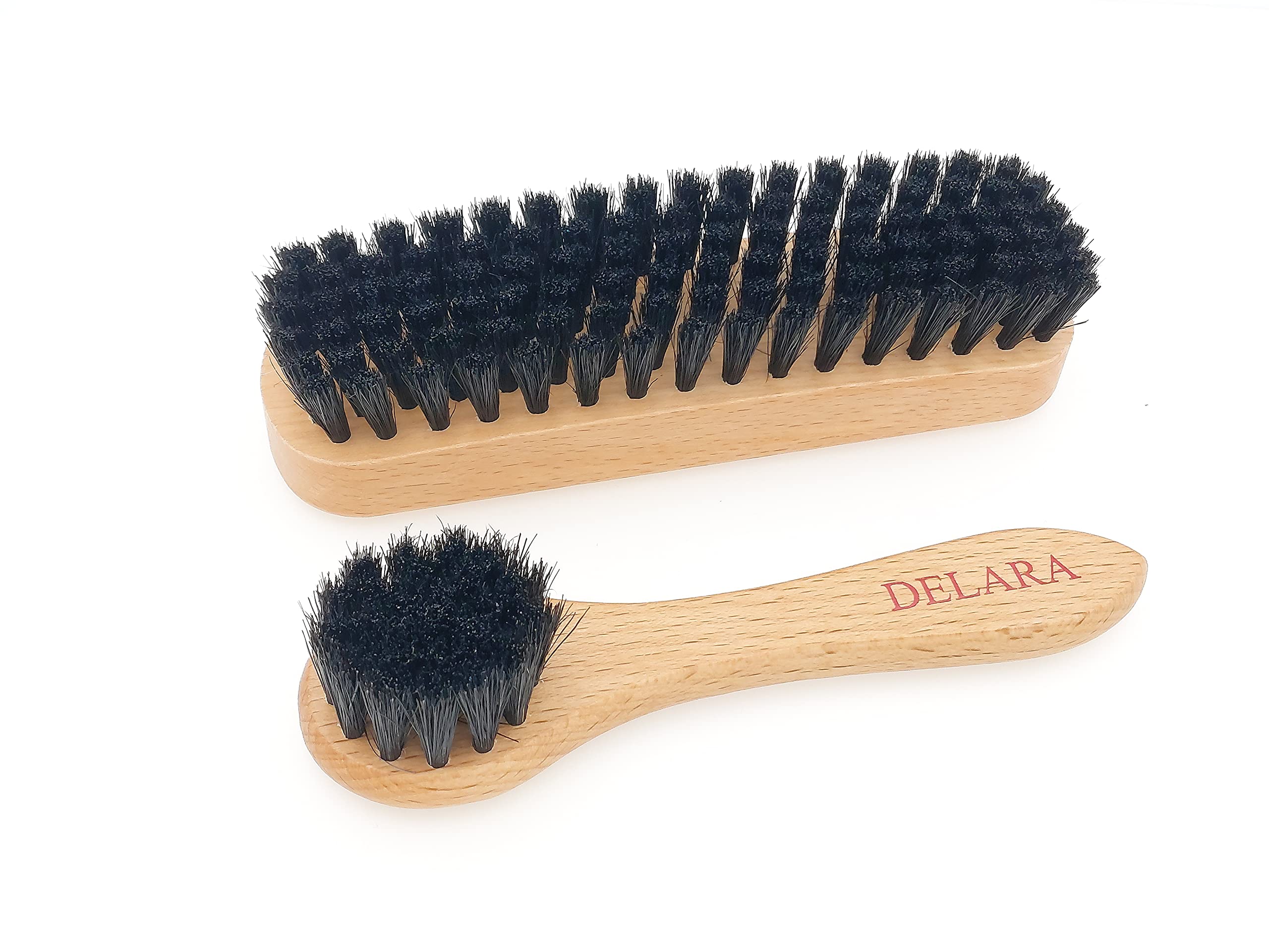 DELARA Two Small Wooden Handled Brushes Made from Natural bristles, 1 applicator Brush and 1 Buffing Brush, Colour Black - Made in Germany