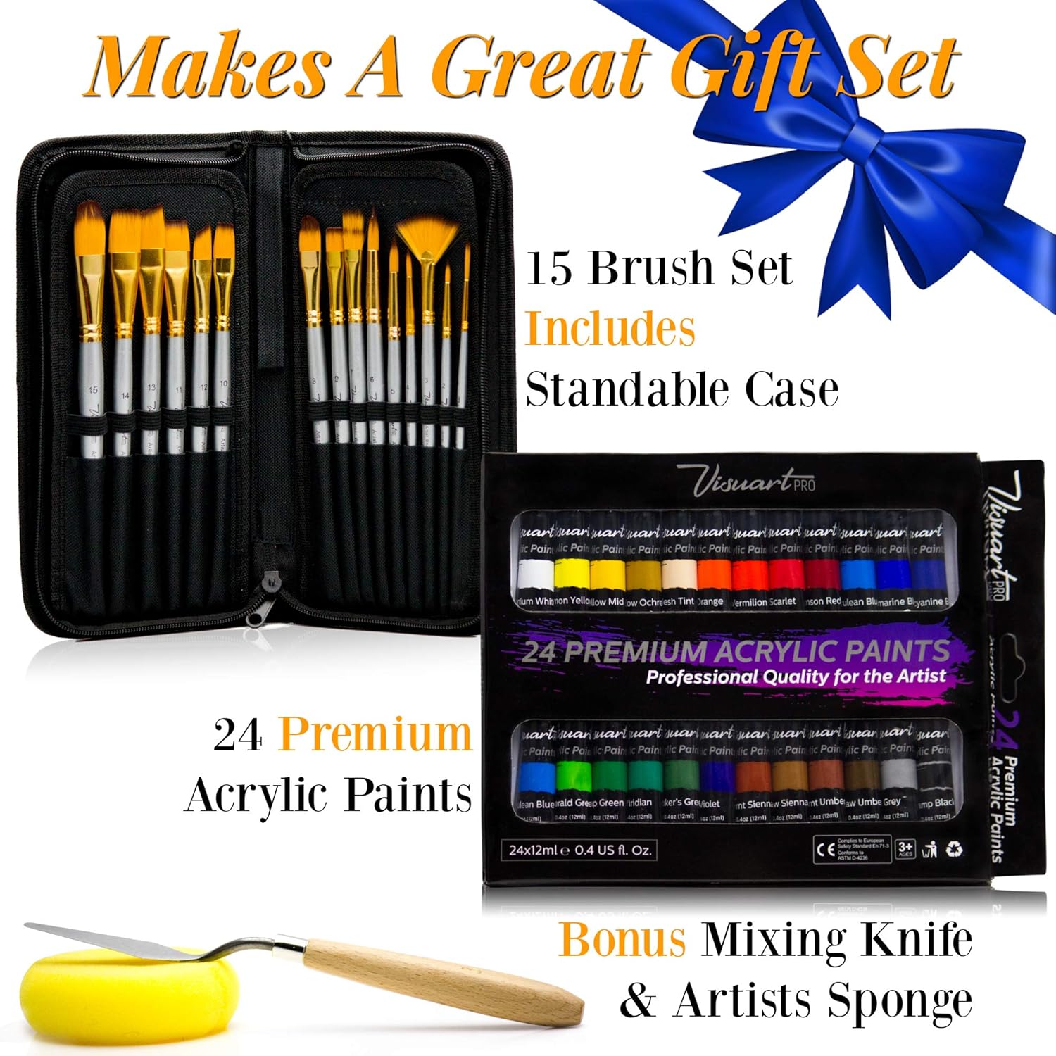 VisuartPRO Acrylic Paint Brush Set with 15 Premium Artist Brushes and Bonus 24 Color Acrylic Paint - Ultimate Kit for Canvas, Wood, Ceramic, Fabric (Acrylic Paint Set)