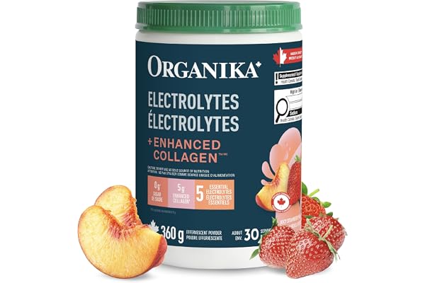 Organika Canadian-Made Electrolytes + Enhanced Collagen - Strawberry Peach Flavour - Sugar-Free Hydration | 5g Protein + 100%