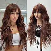 topshe Brown Wig with Bangs Long Curly Wigs for Women Heat Resistant Synthetic Colored Wigs Natural Looking Wavy Hair 26 Inch Daily Party & Cosplay Use