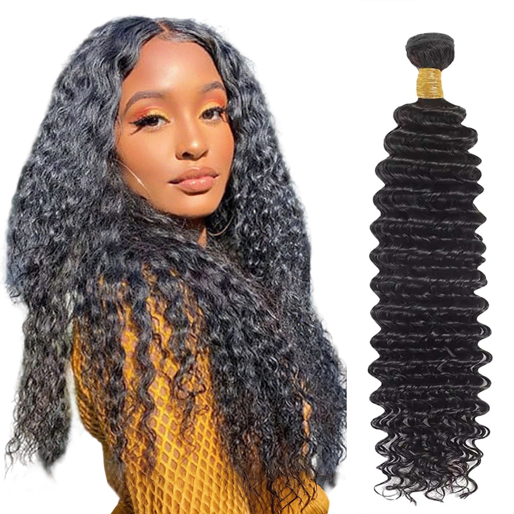 Photo 1 of **ONLY ONE***BOKIEOIE Natural Black Bundle Hair Unprocessed Brazilian Virgin Deep Wave Hair 16 Inch Single Bundle Color #1B Double Weft Hair Extensions 100g Total for Black Women