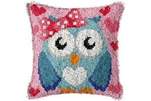 HOWIE'S NEEDLEPOINT Howie's Latch Hook Kit, DIY Owl Pillow Crochet Yarn Kits for Adults, Color Preprinted Pattern Embroidery Sofa Cushion Cover (Blue Owl, 16.93 x 16.93 inch)