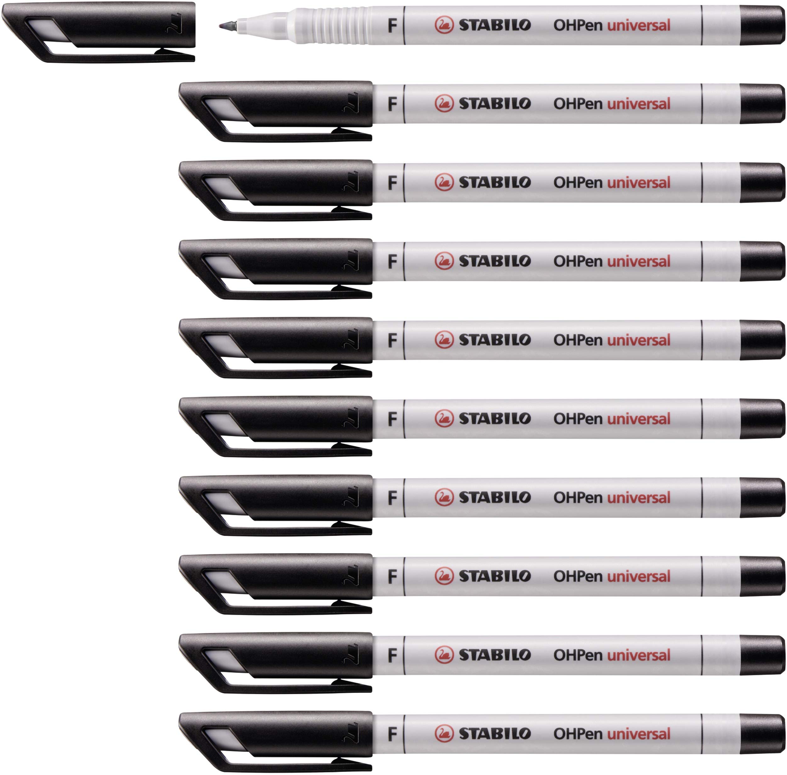 STABILO OHPen universal - Pen for Overhead Projection - Soluble Fine (F) - Pack of 10 - Black