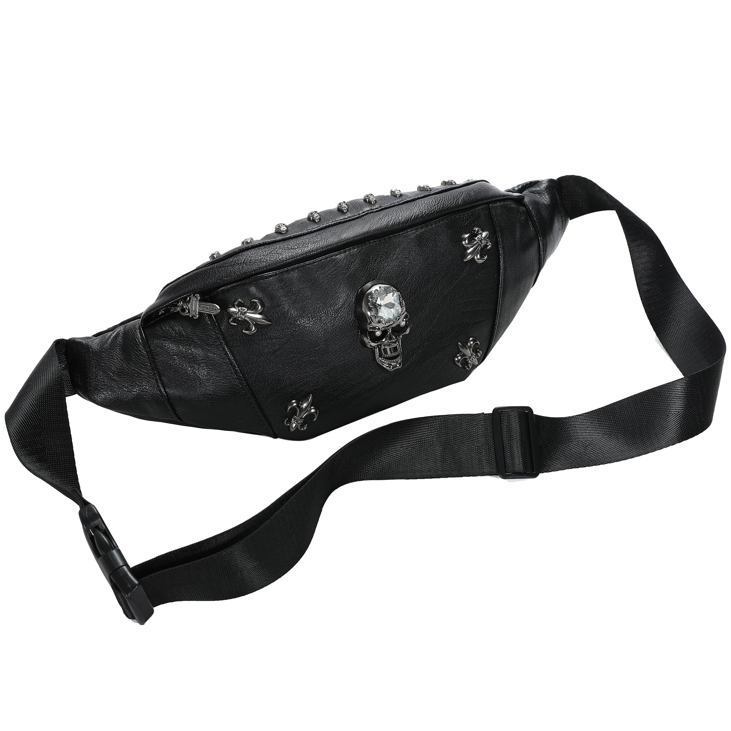 Bumbags for Ladies,Black Leather Fanny Pack for Women Skull Designed,Bum Bag Women Gothic Fashion Waist Bag Pack for Dog Walking Festival Hiking Travel Holiday