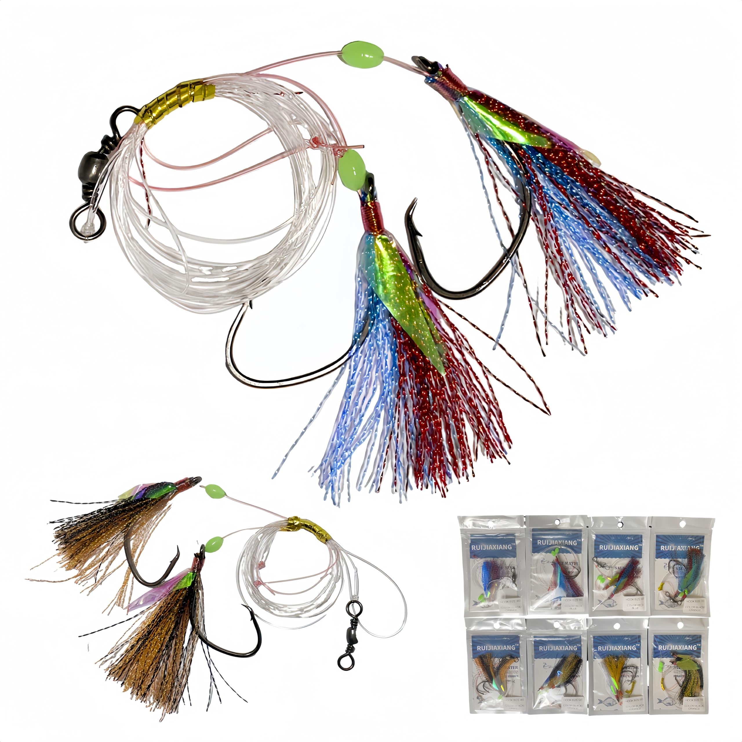 RuiJiaXiang double fishing hook sabiki feather rigs with luminous Beads 8 Pcs set hook size 4/0 5/0 6/0 7/0