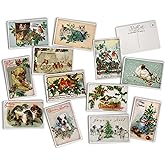 Hill Valley Greetings Antique Christmas Animals Post Cards on Luxury Antique Textured Cardstock - 24 Vintage Christmas Postcards - 12 Assorted Retro Holiday Animal Illustration Cards