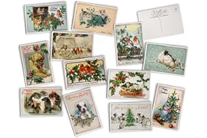 Hill Valley Greetings Antique Christmas Animals Post Cards on Luxury Antique Textured Cardstock - 24 Vintage Christmas Postcards - 12 Assorted Retro Holiday Animal Illustration Cards