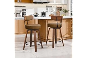 Swivel Bar Stools Set of 2, 26" Upholstered Counter Height Bar Stools with Back and Walnut Wood Legs, Faux Leather Barstools 