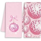 Dimurela Pink Disco Ball Kitchen Towels Set of 2, Preppy Hand Towels Decor for Bathroom Girly Room, Bow Coquette Dish Towel, Trendy Funky Tea Bar Waffle Towel for College Dorm Girls 16x24in