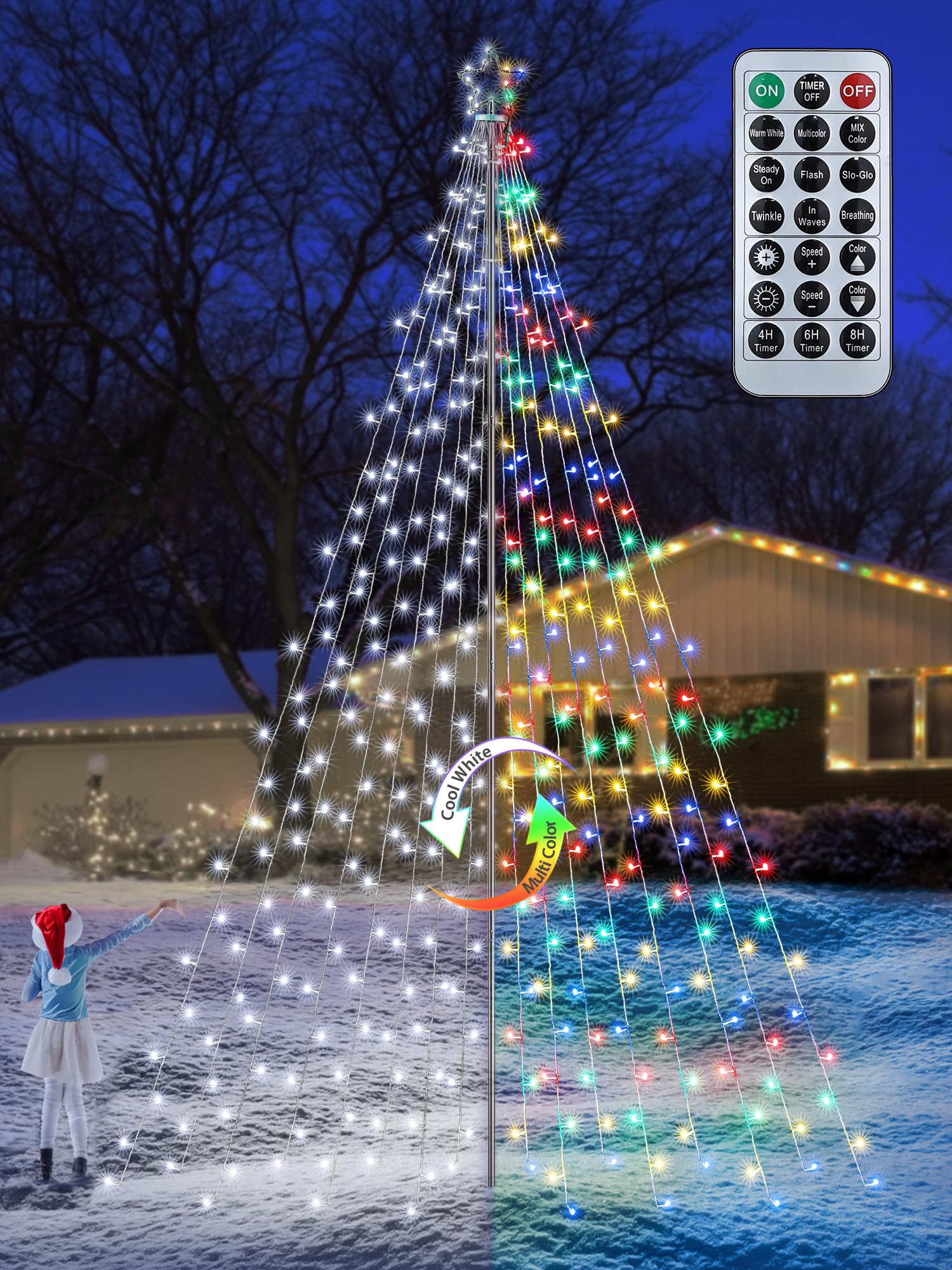 Photo 1 of Lomotech Color Changing Christmas Tree Lights - 15.75Ft 664 LED with 10.5" Topper, Remote Controll Waterproof Iron Pole Waterfall Lights for Outdoor Christmas Decorations (White to Multicolor)