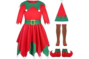 Frekuyrt Girls Elf Costume Set Kid Christmas Elf Dress with Hat Shoes Belt Socks