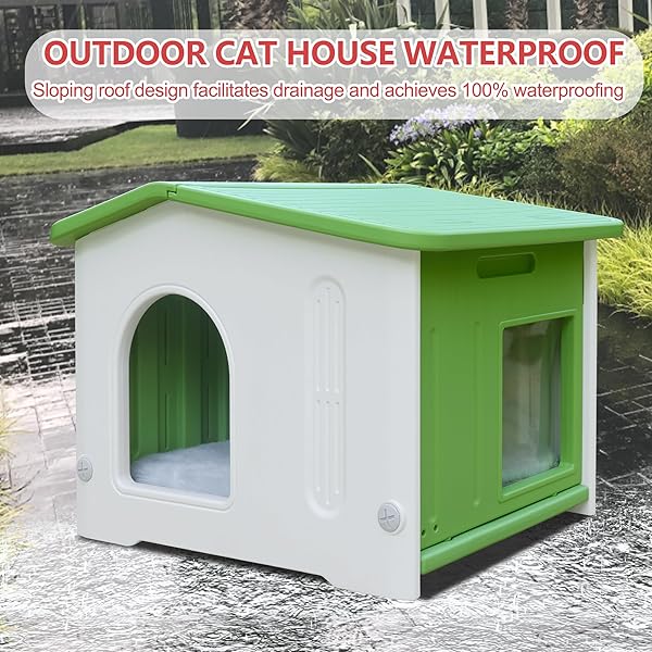 OUTDOOR CAT HOUSE WITH ESCAPE DOOR,FERAL CAT HOUSE WITH SELFWARMING MAT OUTDOOR CAT HOUSE WATWERPROOF LARGE CAT HOUSE FOR 1-2 CATS, ASSEMBLE EASILY-GREEN