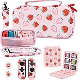 RHOTALL Cute Carrying Case for Nintendo Switch & Switch OLED, Hard Portable Travel Case for Switch Accessories with 12 Game Holder, 2 joycon Shell, Shoulder Strap, and 2 Thumb Caps - Pink Strawberry
