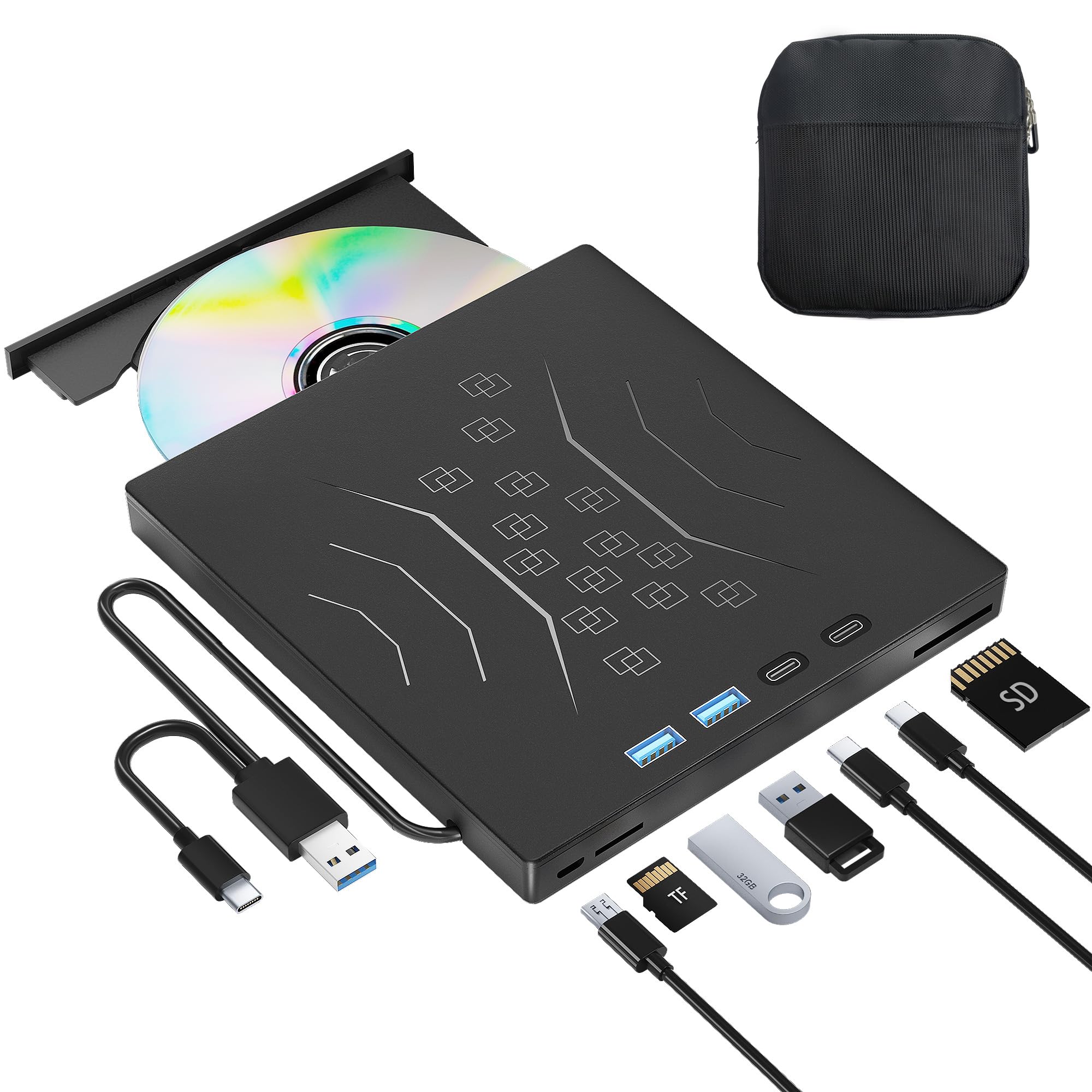 Photo 1 of Wbacon 7 in 1 External DVD Drive, External CD/DVD Drive for Laptop USB 3.0 & Type-C, Portable CD/DVD +/-RW Disk Drive, CD/DVD Burner CD ROM External Drive for Desktop PC (External DVD Drive +Bag)