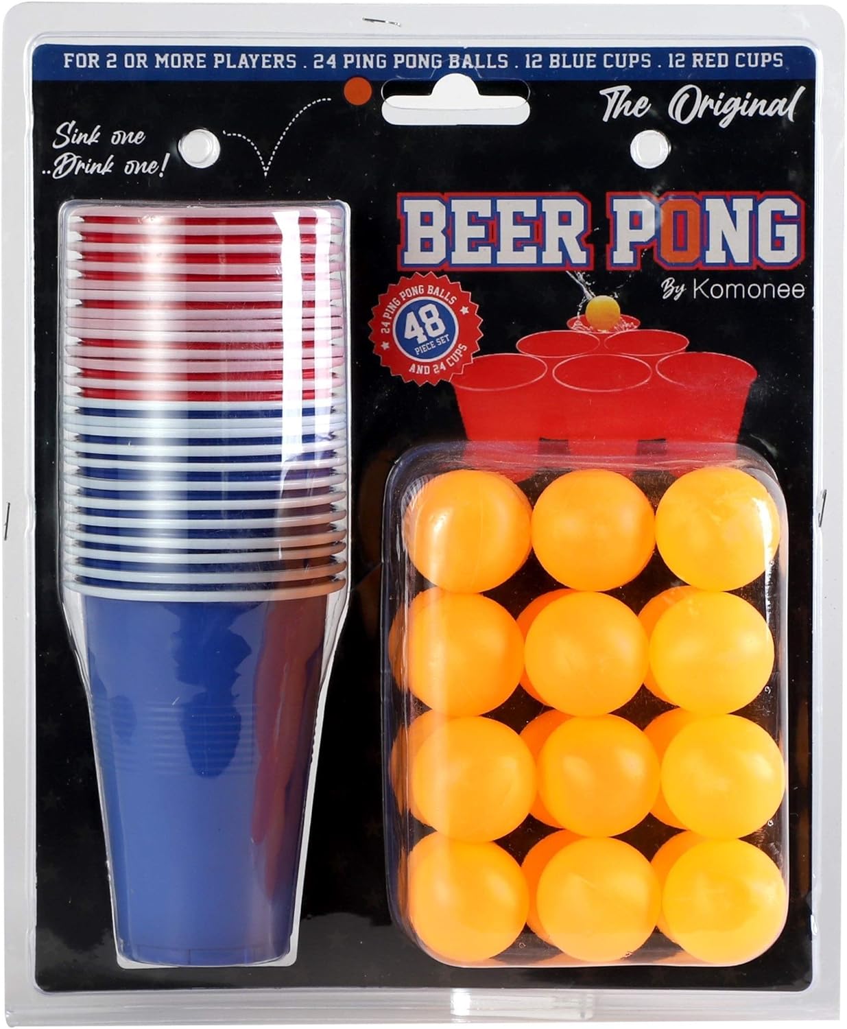 Komonee Beer Pong Set Supersize Mega Value Pack 48 PCs American Adult Indoor Novelty Drinking Game 24 Re-usable Cups and 24 Orange Balls