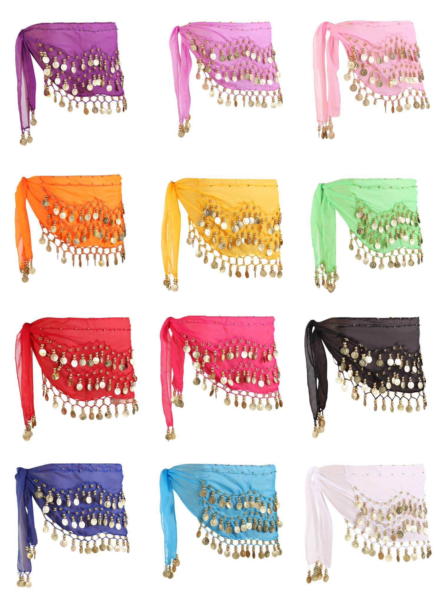 ZHANMAI 12 Pieces Belly Dance Hip Scarf for Belly Dancer 12 Colors Waist Chain Dance Hip Scarf Belt with Dangling Coins (Gold Coins)