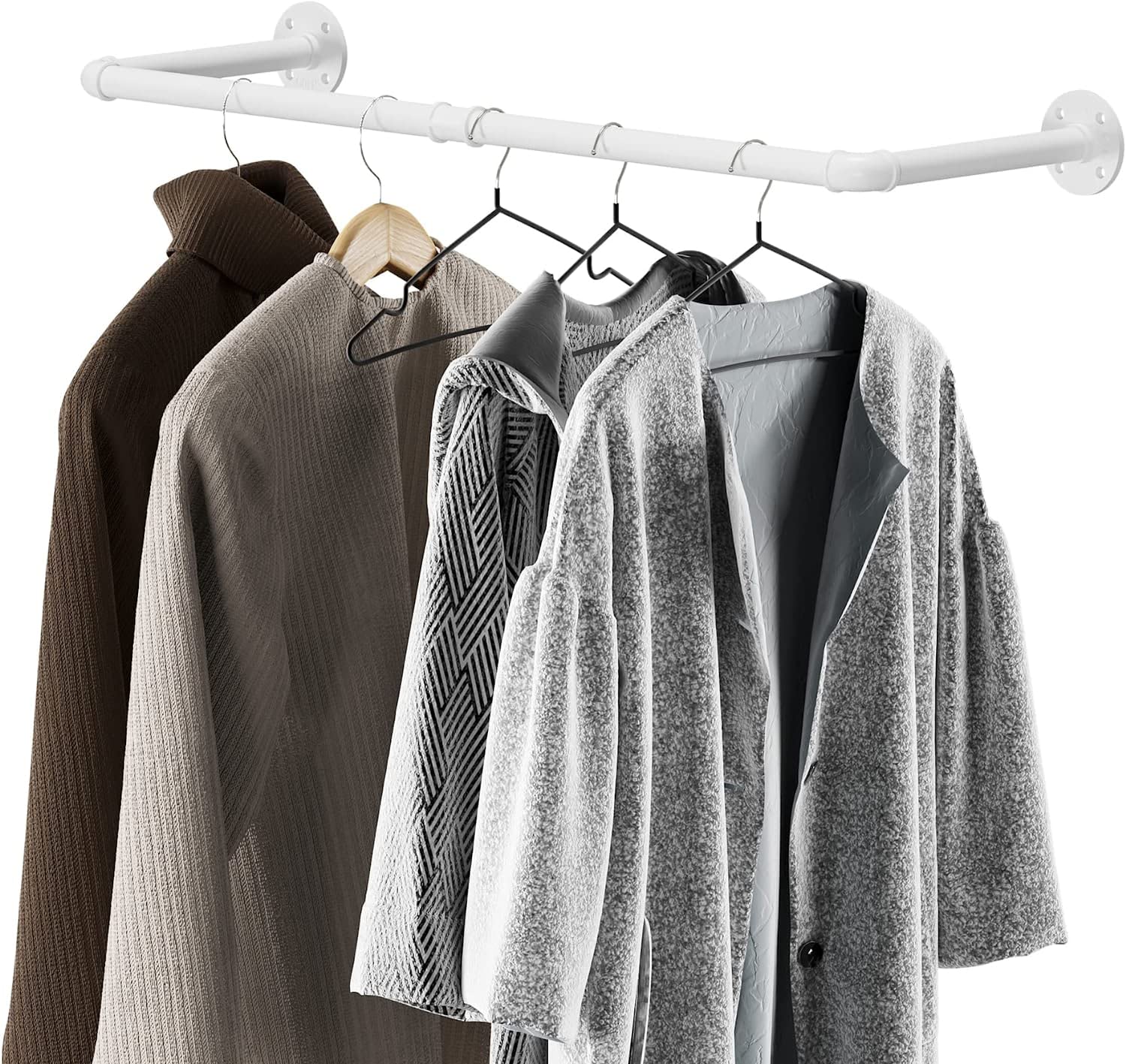 LINKPIPES Industrial Pipe Clothing Rack Wall Mounted Clothes Rack Heavy Duty Space-Saving Garment Bar Rack Detachable Multi-Purpose Hanging Rod,36 inch(White)